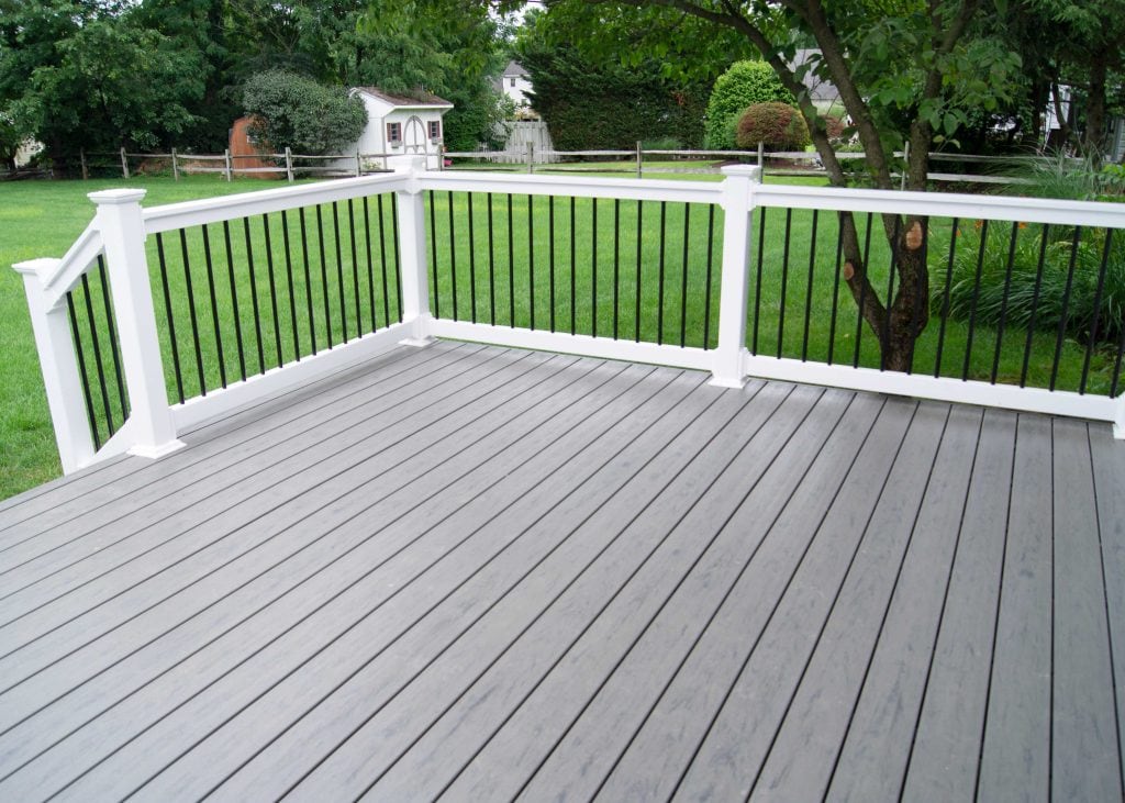 A grey deck add style to the backyard of a Newark property.